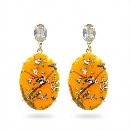 Yellow Crystal and 18K Gold-Plated Bird Branch Oval Drop Earrings, gold drop earrings for women, side view