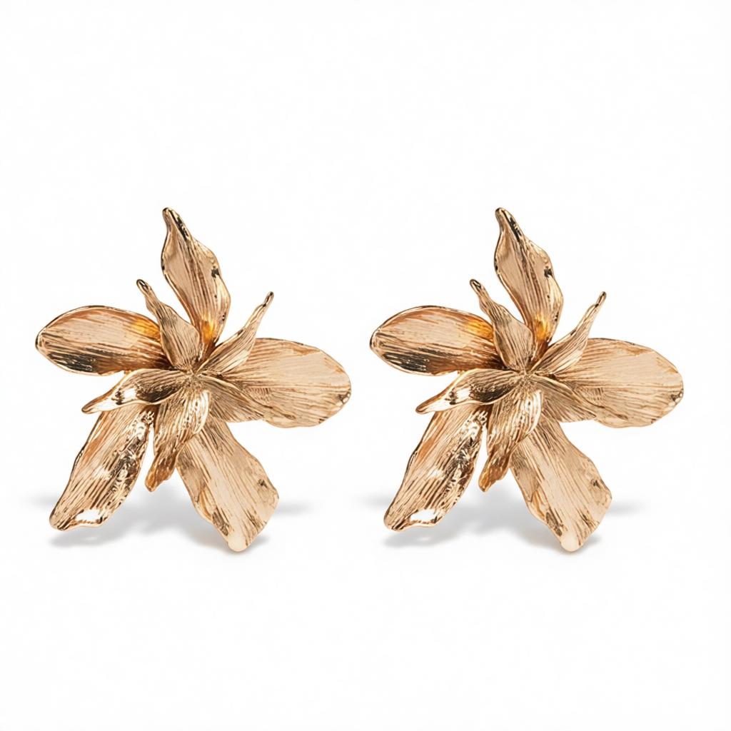 18K Gold-Plated Etched Floral Stud Earrings, cubic zirconia stud earrings for women, vintage-inspired design, side view