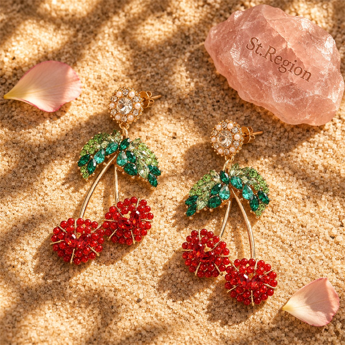 Red Crystal and Resin 18K Gold-Plated Cherry Drop Earrings, gold drop earrings for women, botanical inspired, detail close-up