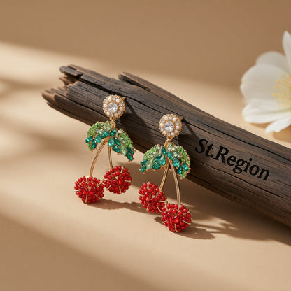 Red Crystal and Resin 18K Gold-Plated Cherry Drop Earrings, gold drop earrings for women, botanical inspired, front view