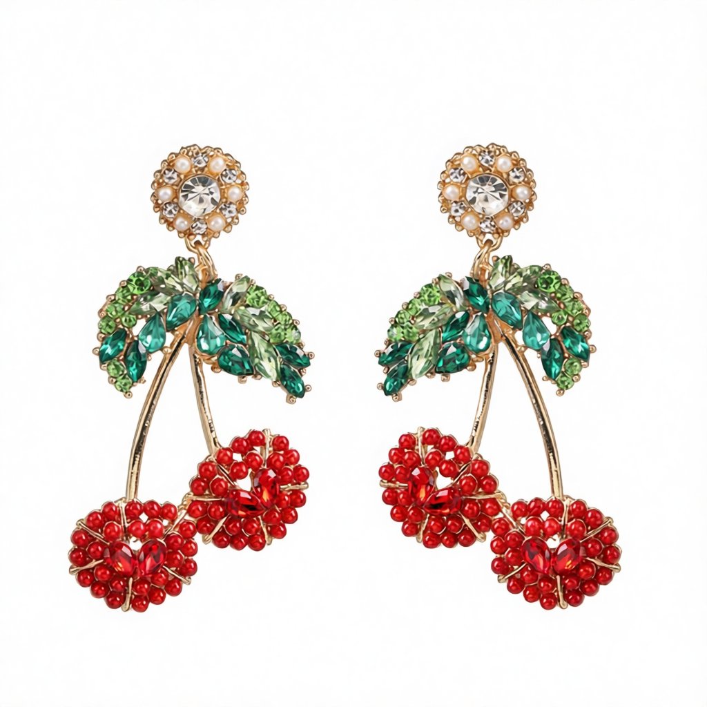 Red Crystal and Resin 18K Gold-Plated Cherry Drop Earrings, gold drop earrings for women, botanical inspired, side view