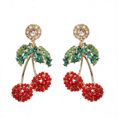 Red Crystal and Resin 18K Gold-Plated Cherry Drop Earrings, gold drop earrings for women, botanical inspired, side view