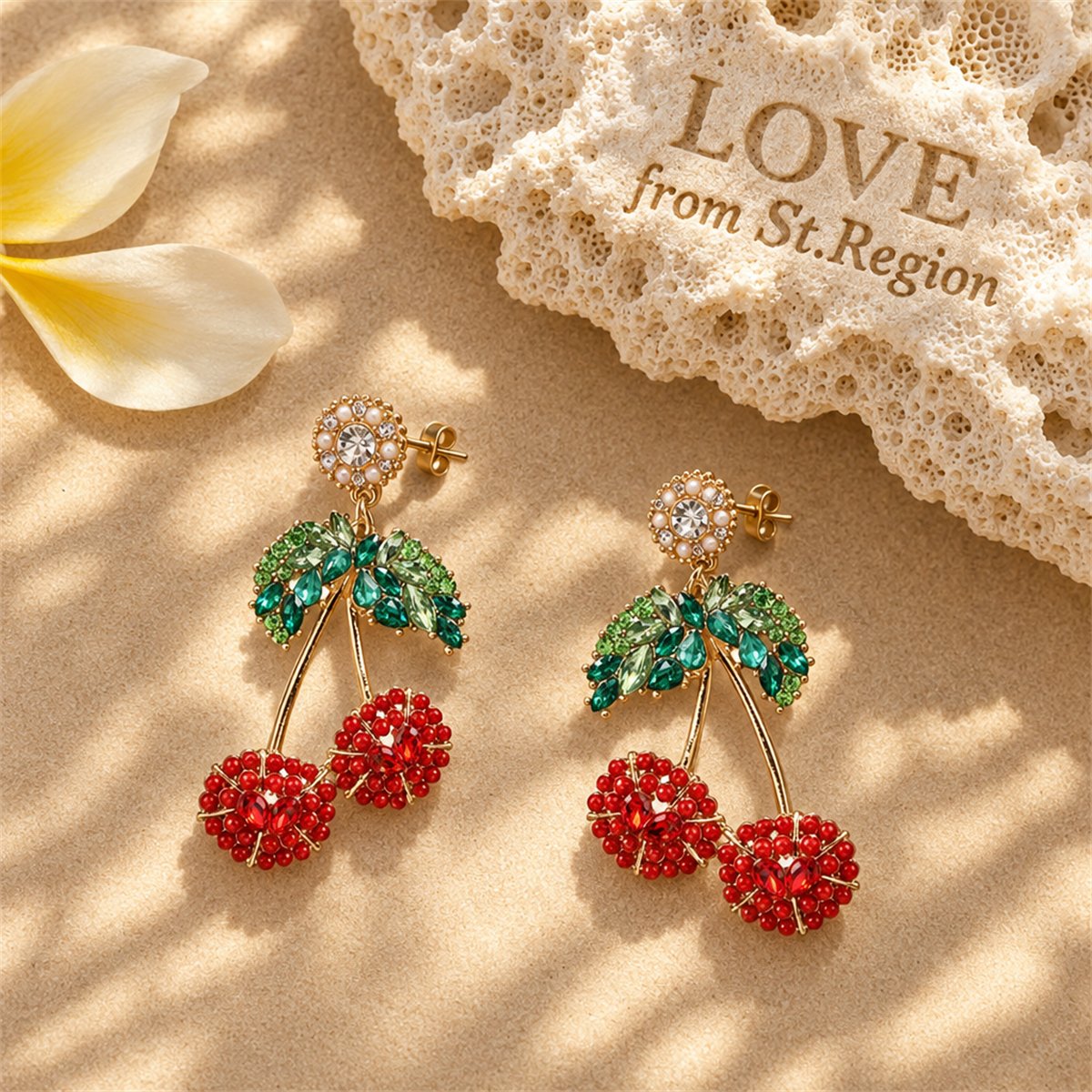 Red Crystal and Resin 18K Gold-Plated Cherry Drop Earrings, gold drop earrings for women, botanical inspired, lifestyle look