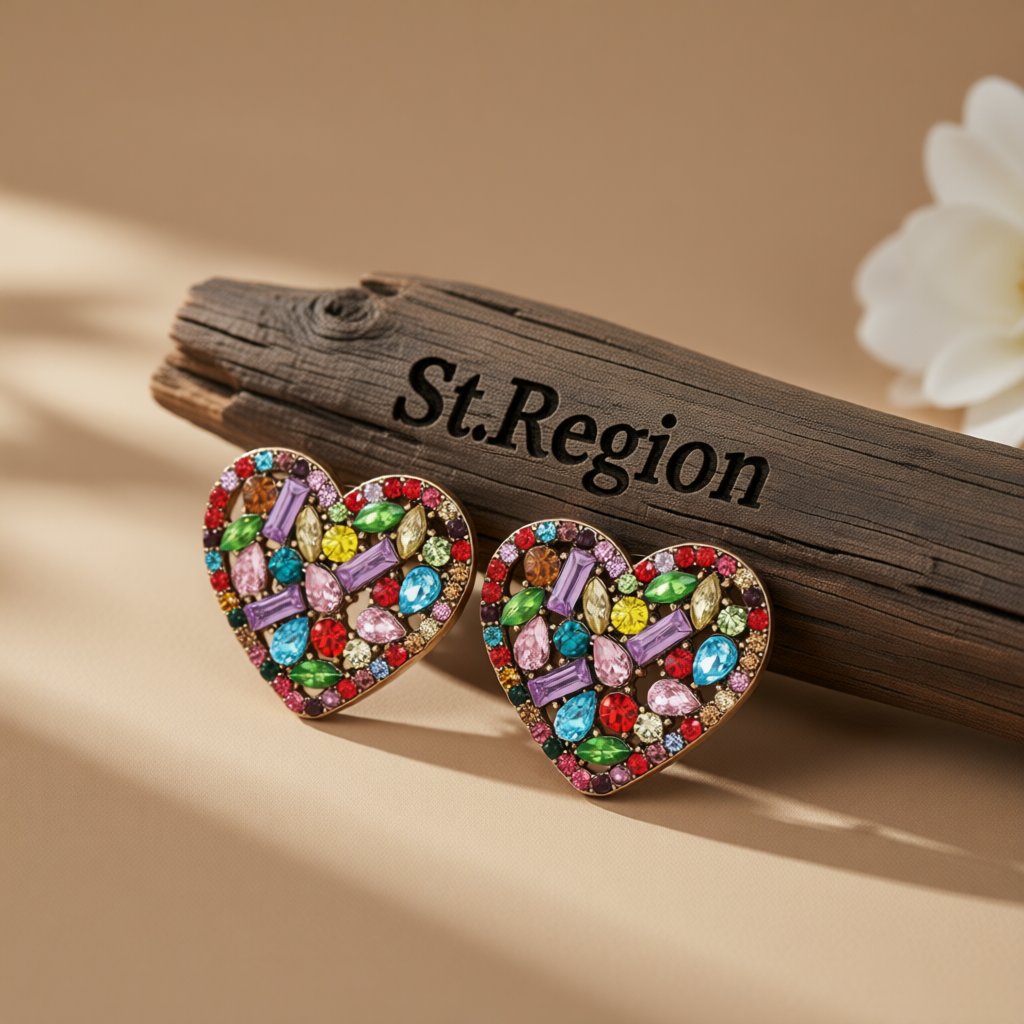 Crystal and Cubic Zirconia Heart Stud Earrings, stud earrings for women, vintage-inspired design, front view