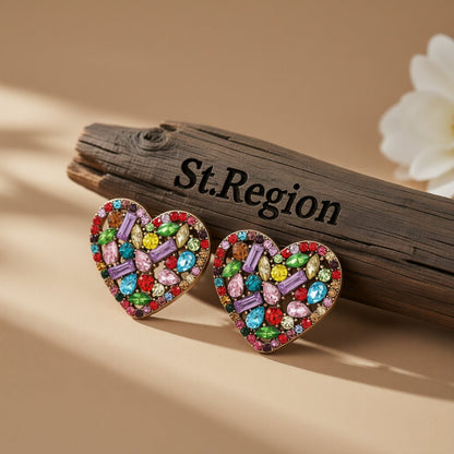 Crystal and Cubic Zirconia Heart Stud Earrings, stud earrings for women, vintage-inspired design, front view