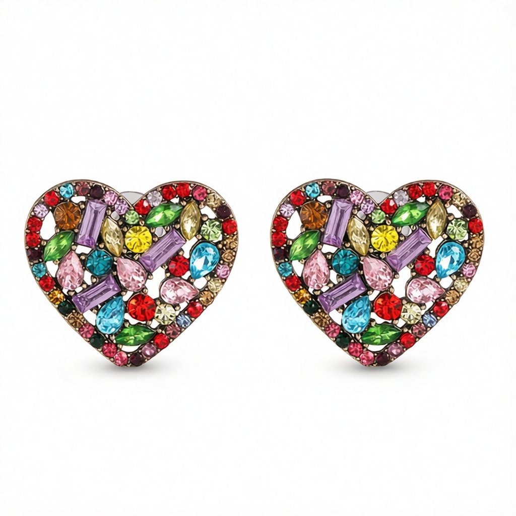 Crystal and Cubic Zirconia Heart Stud Earrings, stud earrings for women, vintage-inspired design, side view