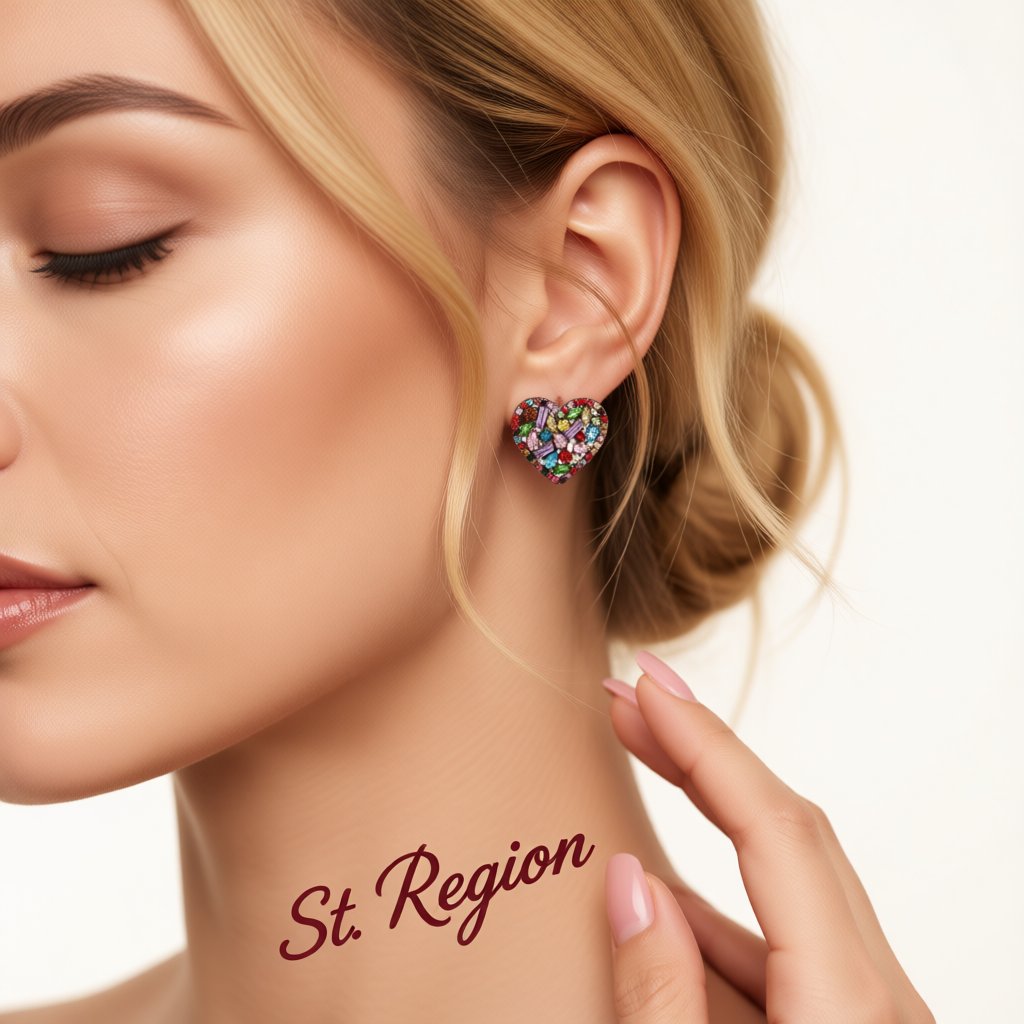 Crystal and Cubic Zirconia Heart Stud Earrings, stud earrings for women, vintage-inspired design, styled look