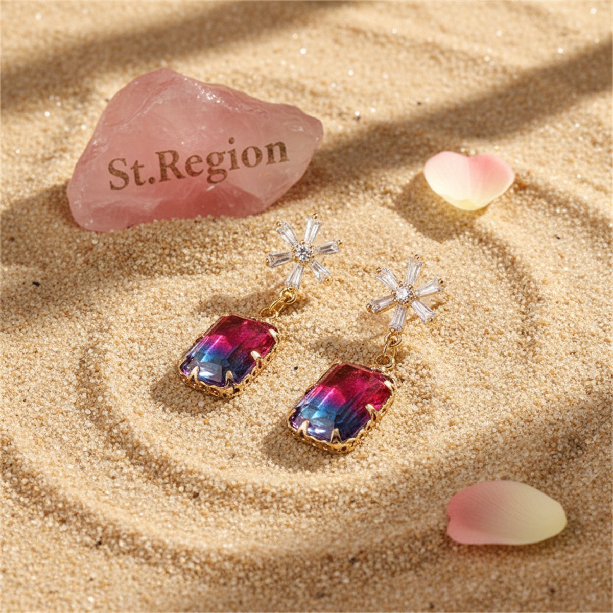 Cubic Zirconia and Blue Crystal Ombré Princess-Cut Drop Earrings, drop earrings for women, detail close-up