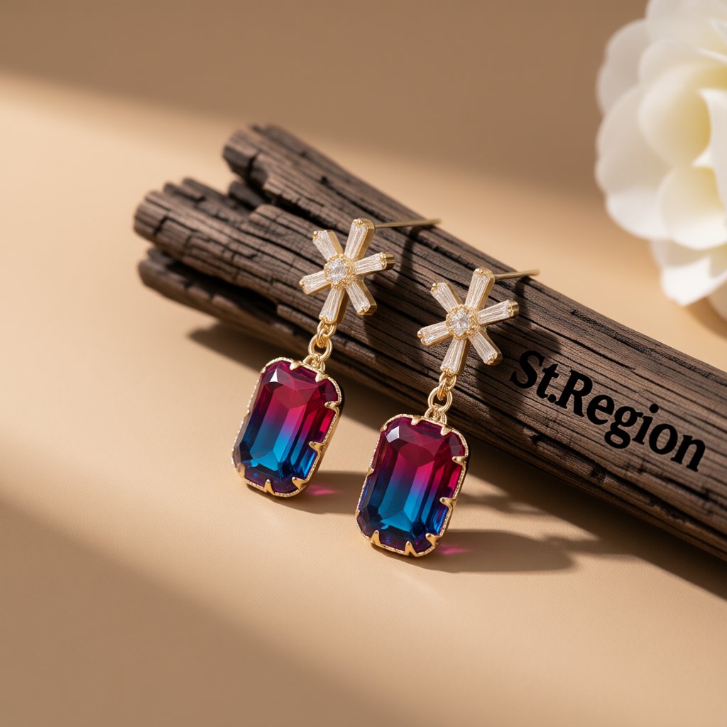 Cubic Zirconia and Blue Crystal Ombré Princess-Cut Drop Earrings, drop earrings for women, botanical inspired, front view
