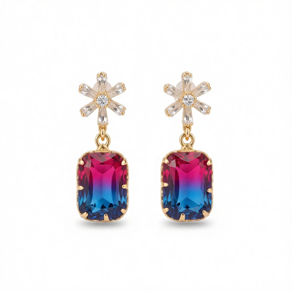 Cubic Zirconia and Blue Crystal Ombré Princess-Cut Drop Earrings, drop earrings for women, botanical inspired, side view