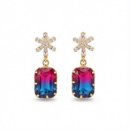Cubic Zirconia and Blue Crystal Ombré Princess-Cut Drop Earrings, drop earrings for women, botanical inspired, side view