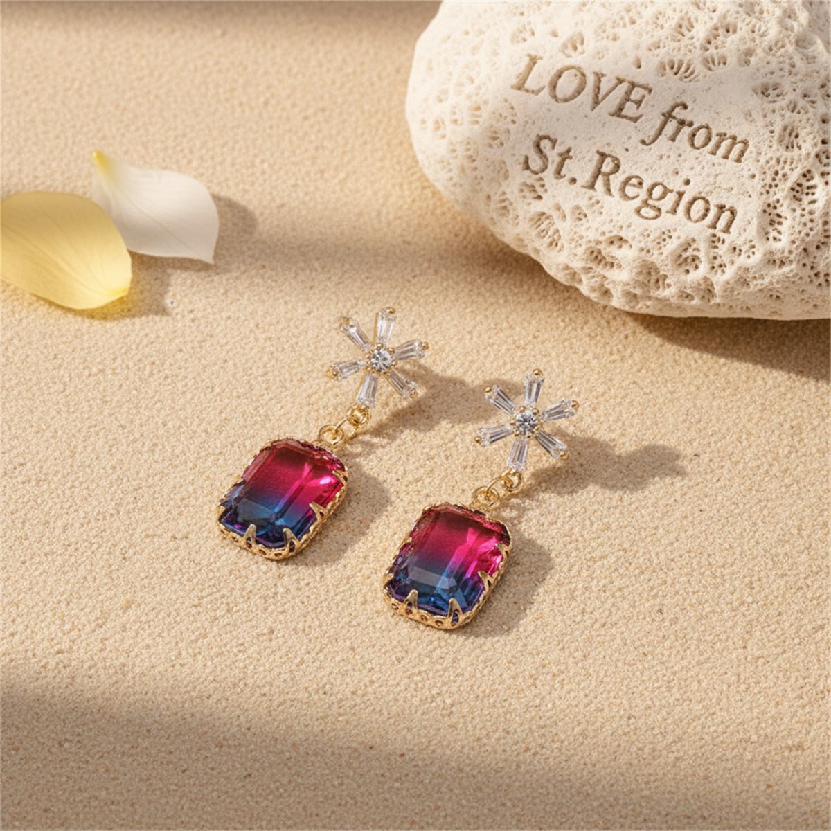 Cubic Zirconia and Blue Crystal Ombré Princess-Cut Drop Earrings, drop earrings for women, botanical inspired, lifestyle look