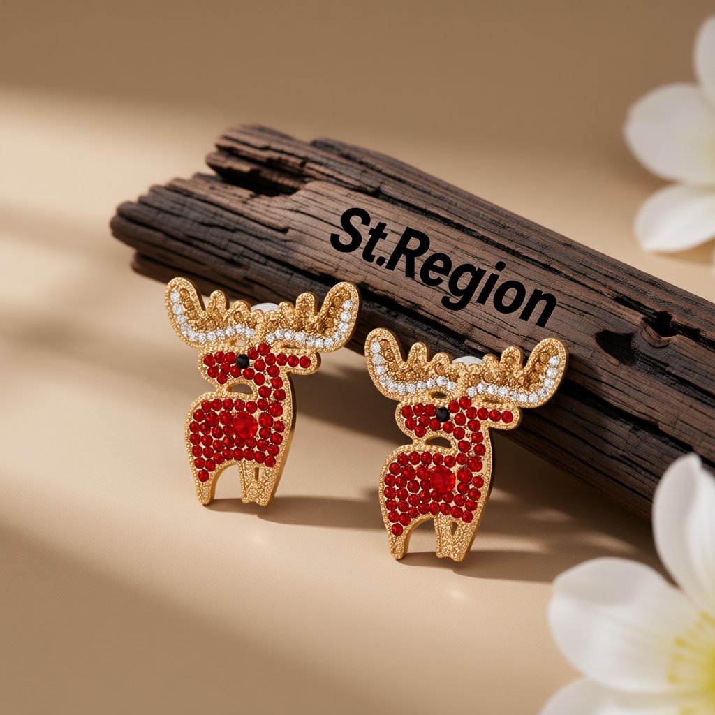 Red Cubic Zirconia and 18K Gold-Plated Reindeer Stud Earrings, cubic zirconia stud earrings for women, front view