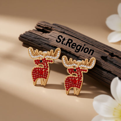 Red Cubic Zirconia and 18K Gold-Plated Reindeer Stud Earrings, cubic zirconia stud earrings for women, front view