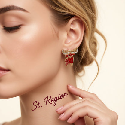 Red Cubic Zirconia and 18K Gold-Plated Reindeer Stud Earrings, cubic zirconia stud earrings for women, styled look