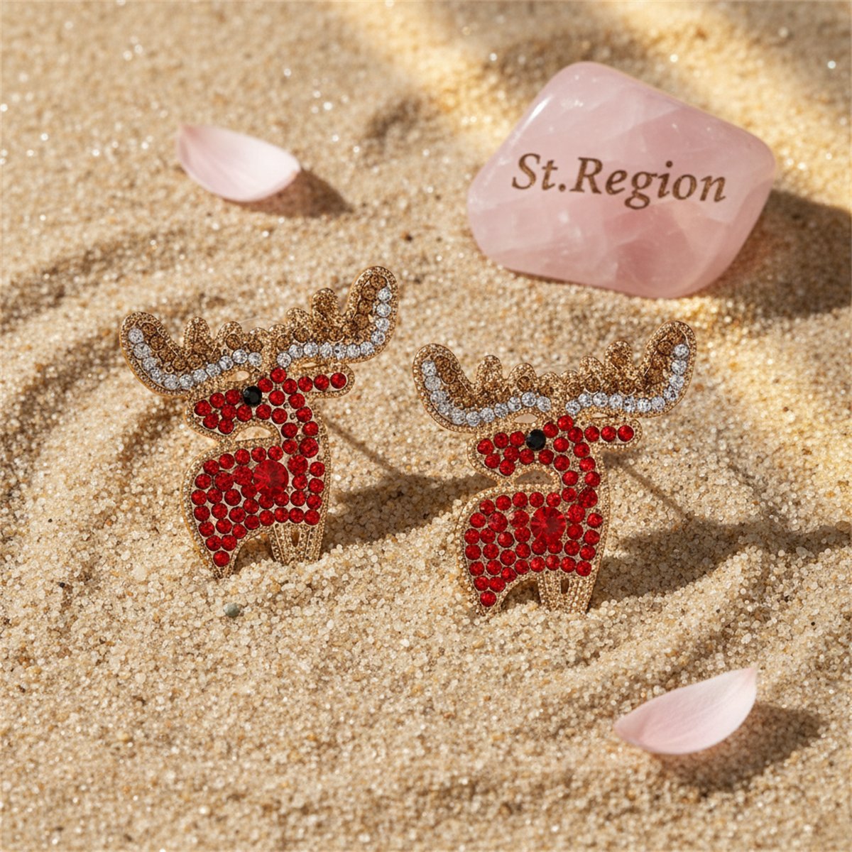 Red Cubic Zirconia and 18K Gold-Plated Reindeer Stud Earrings, cubic zirconia stud earrings for women, detail close-up