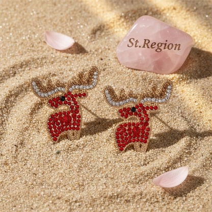 Red Cubic Zirconia and 18K Gold-Plated Reindeer Stud Earrings, cubic zirconia stud earrings for women, detail close-up