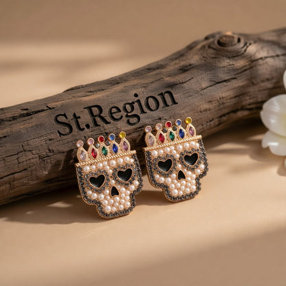 Red Multicolor Crystal and Cubic Zirconia Crowned Skull Stud Earrings, cubic zirconia stud earrings for women, front view