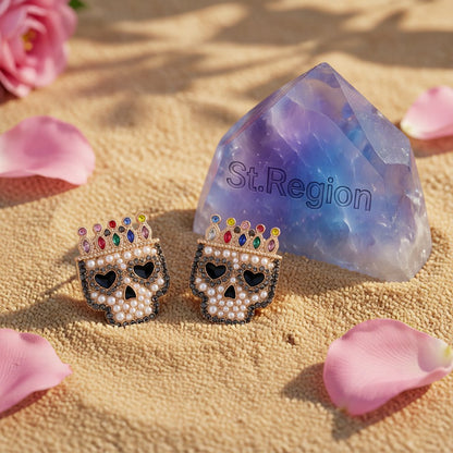 Red Multicolor Crystal and Cubic Zirconia Crowned Skull Stud Earrings, stud earrings for women, detail close-up