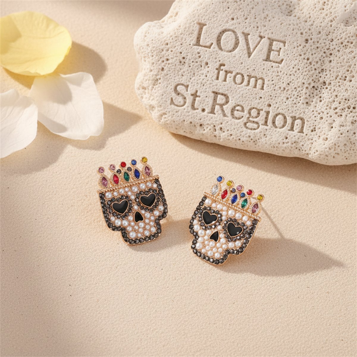 Red Multicolor Crystal and Cubic Zirconia Crowned Skull Stud Earrings, cubic zirconia stud earrings for women, lifestyle look