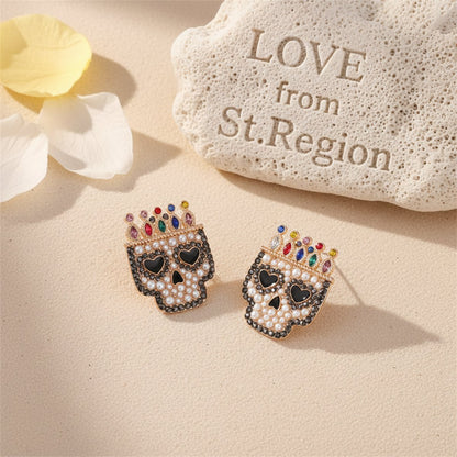Red Multicolor Crystal and Cubic Zirconia Crowned Skull Stud Earrings, cubic zirconia stud earrings for women, lifestyle look