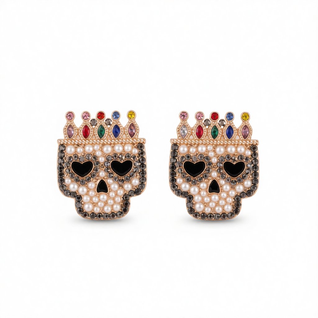 Red Multicolor Crystal and Cubic Zirconia Crowned Skull Stud Earrings, cubic zirconia stud earrings for women, side view