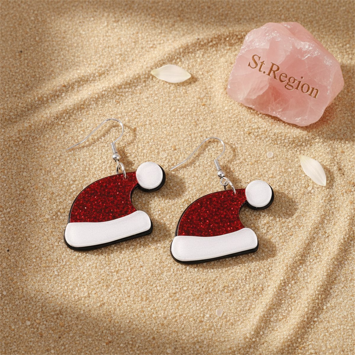 Red and White Glitter Santa Hat Drop Earrings, drop earrings for women, vintage-inspired design, detail close-up