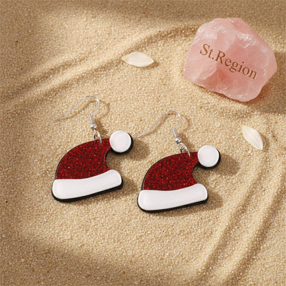 Red and White Glitter Santa Hat Drop Earrings, drop earrings for women, vintage-inspired design, detail close-up