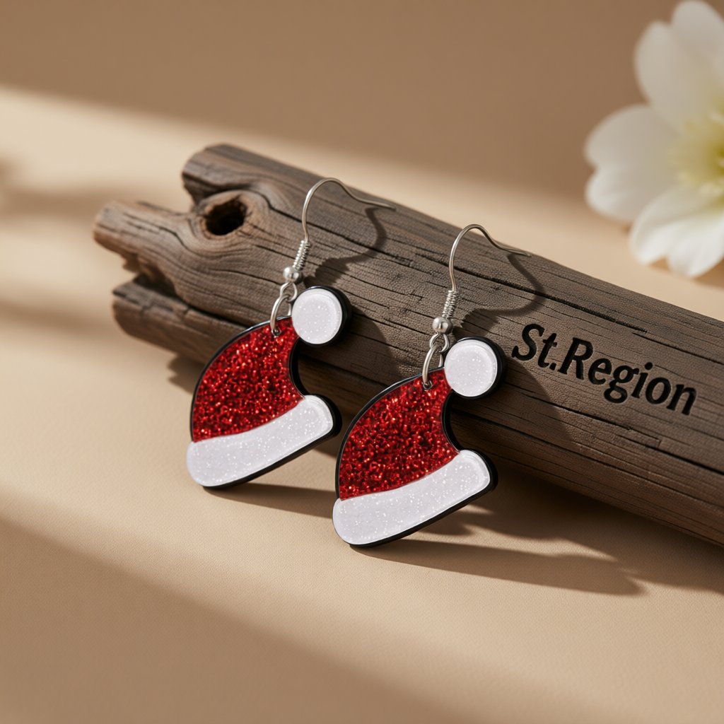 Red and White Glitter Santa Hat Drop Earrings, drop earrings for women, vintage-inspired design, front view