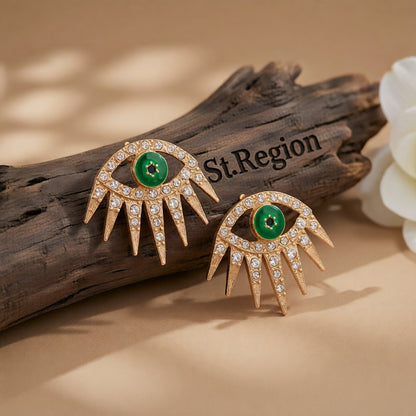 Cubic Zirconia and Green Enamel Eye Stud Earrings, stud earrings for women, everyday style, front view