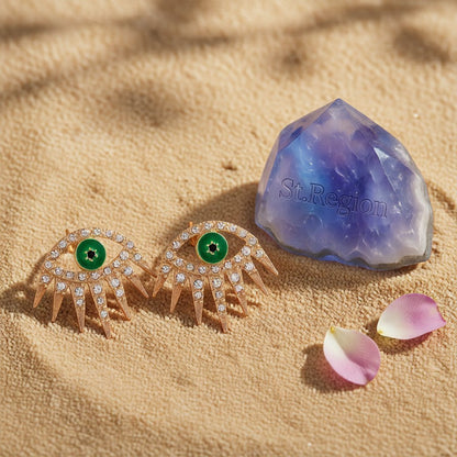 Cubic Zirconia and Green Enamel Eye Stud Earrings, stud earrings for women, everyday style, detail close-up