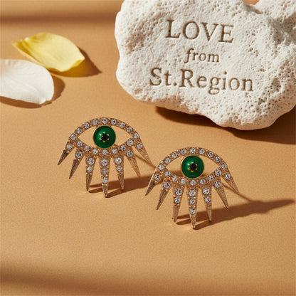 Cubic Zirconia and Green Enamel Eye Stud Earrings, stud earrings for women, everyday style, lifestyle look