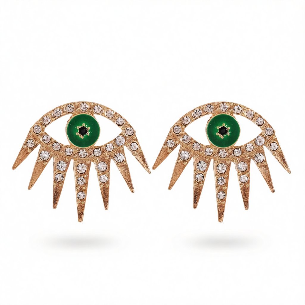 Cubic Zirconia and Green Enamel Eye Stud Earrings, stud earrings for women, everyday style, side view