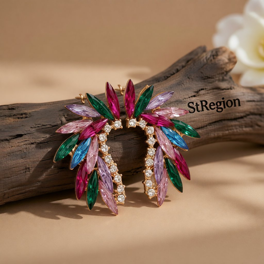 Pink Multicolor Crystal and Cubic Zirconia Wing Stud Earrings, cubic zirconia stud earrings for women, front view
