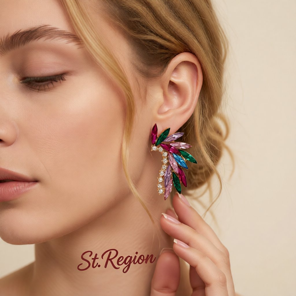Pink Multicolor Crystal and Cubic Zirconia Wing Stud Earrings, cubic zirconia stud earrings for women, styled look
