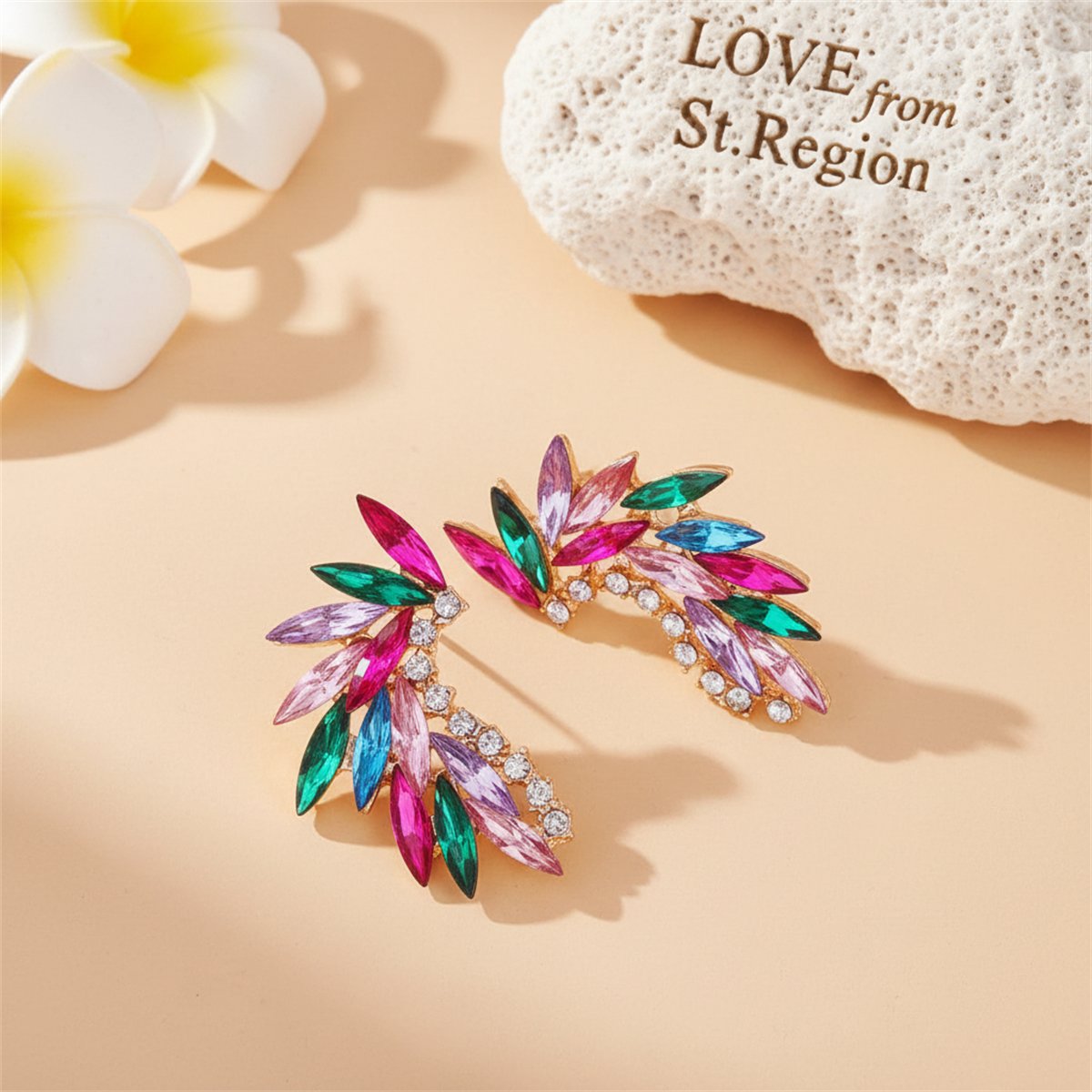 Pink Multicolor Crystal and Cubic Zirconia Wing Stud Earrings, cubic zirconia stud earrings for women, lifestyle look