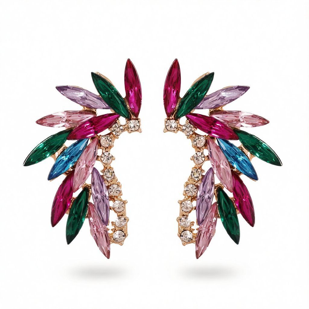 Pink Multicolor Crystal and Cubic Zirconia Wing Stud Earrings, cubic zirconia stud earrings for women, side view