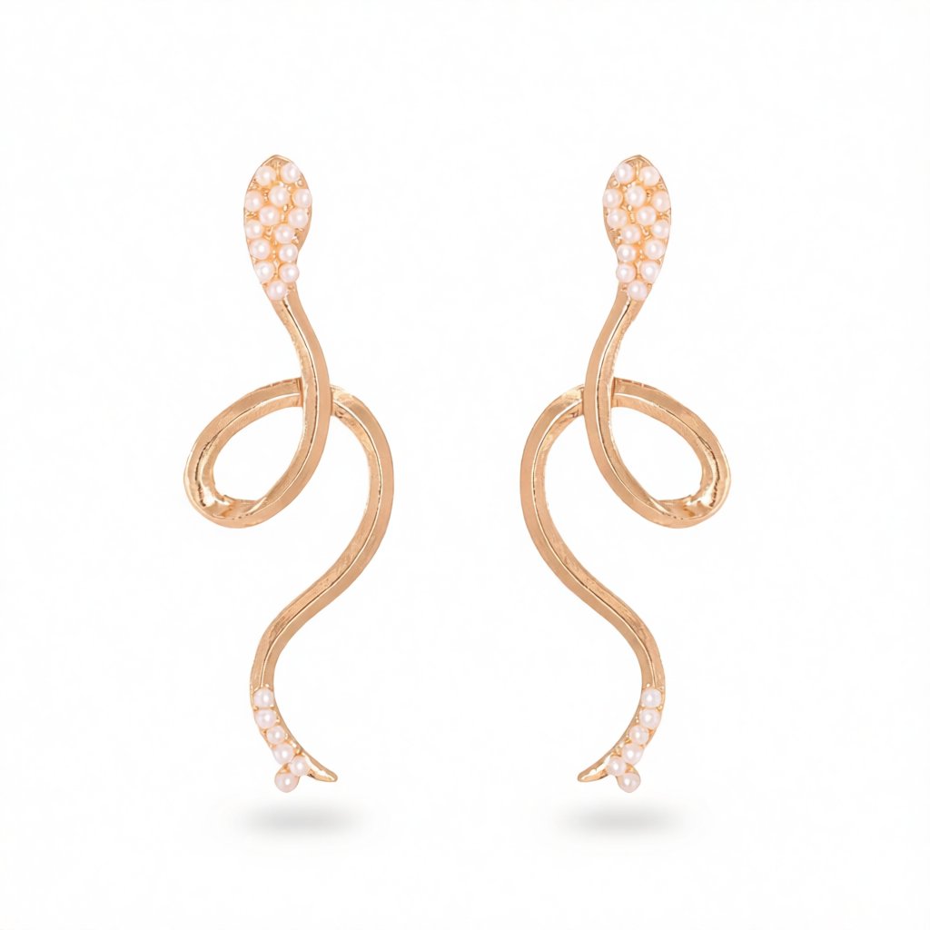 Pearl and 18K Gold-Plated Snake Drop Earrings, gold drop earrings for women, elegant gift for her, side view