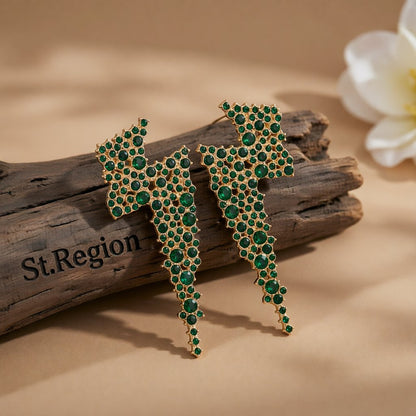 Green Cubic Zirconia and 18K Gold-Plated Lightning Stud Earrings, cubic zirconia stud earrings for women, front view