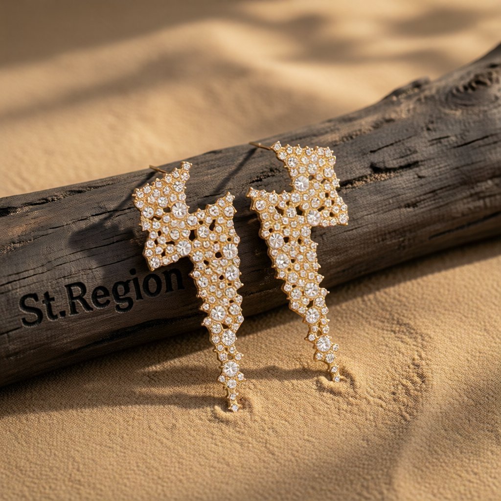 Cubic Zirconia and 18K Gold-Plated Lightning Stud Earrings, gold stud earrings for women, botanical inspired, front view