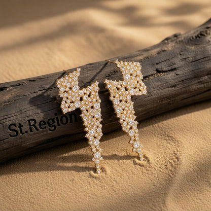 Cubic Zirconia and 18K Gold-Plated Lightning Stud Earrings, gold stud earrings for women, botanical inspired, front view