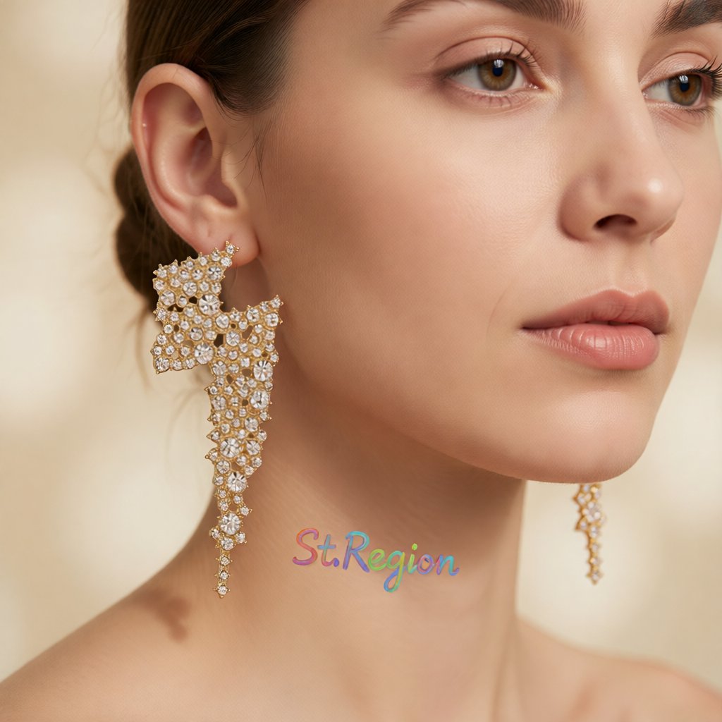 Cubic Zirconia and 18K Gold-Plated Lightning Stud Earrings, gold stud earrings for women, botanical inspired, styled look