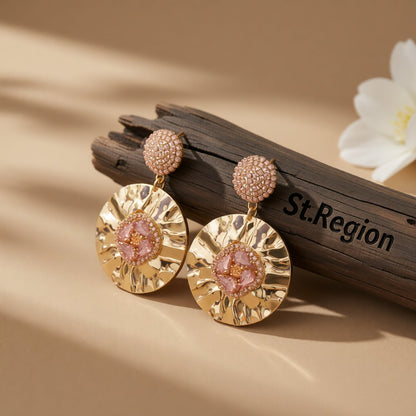 Light Pink Crystal and Cubic Zirconia 18K Gold-Plated Round Drop Earrings, gold drop earrings for women, front view