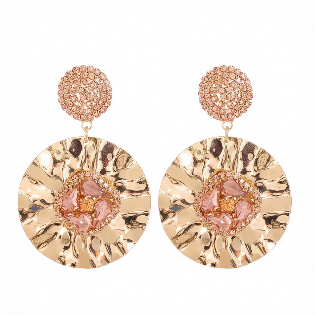Light Pink Crystal and Cubic Zirconia 18K Gold-Plated Round Drop Earrings, gold drop earrings for women, side view
