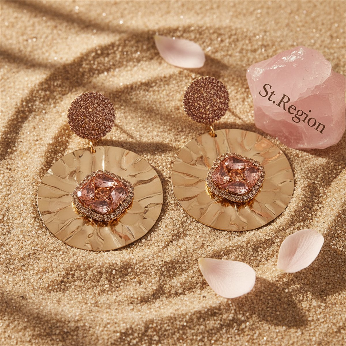 Light Pink Crystal and Cubic Zirconia 18K Gold-Plated Round Drop Earrings, gold drop earrings for women, detail close-up