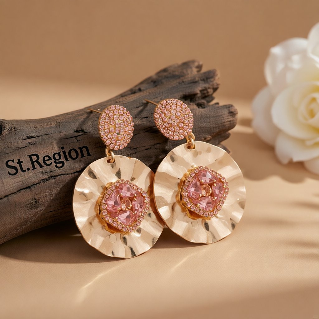 Pink Crystal and Cubic Zirconia 18K Gold-Plated Drop Earrings, gold drop earrings for women, elegant gift for her, front view