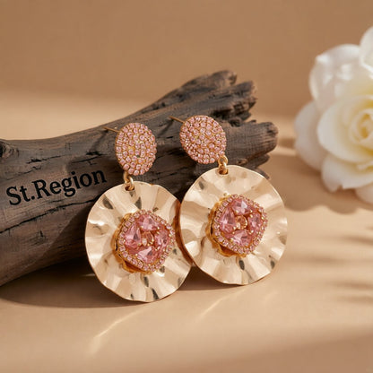 Pink Crystal and Cubic Zirconia 18K Gold-Plated Drop Earrings, gold drop earrings for women, elegant gift for her, front view