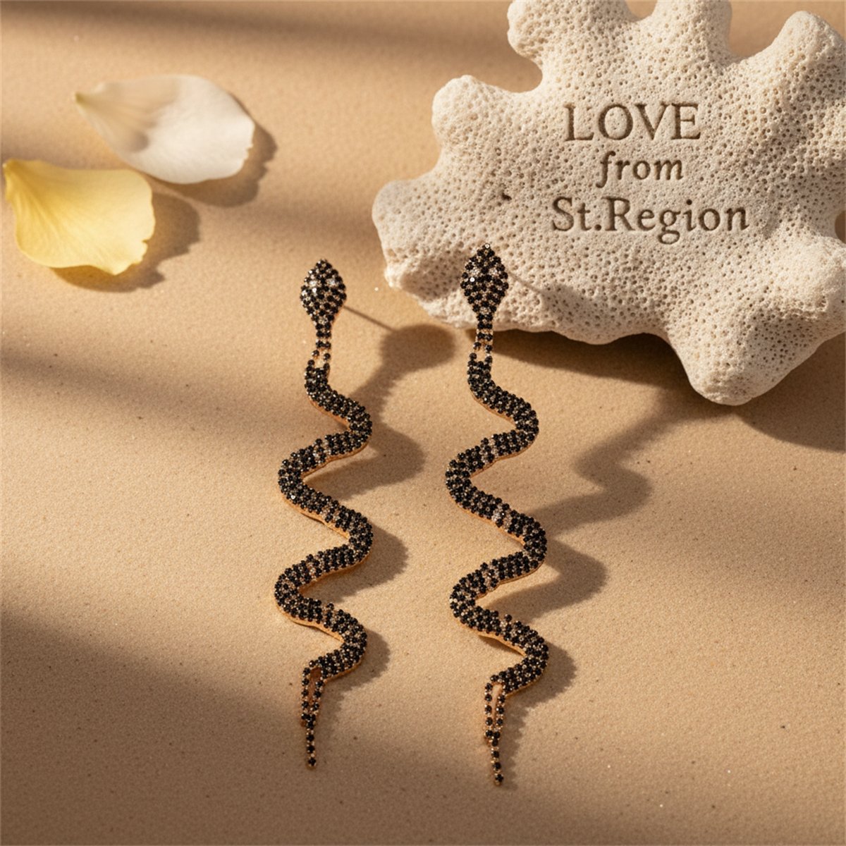 Black Cubic Zirconia and 18K Gold-Plated Snake Drop Earrings, gold drop earrings for women, lifestyle look
