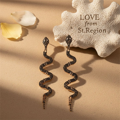 Black Cubic Zirconia and 18K Gold-Plated Snake Drop Earrings, gold drop earrings for women, lifestyle look