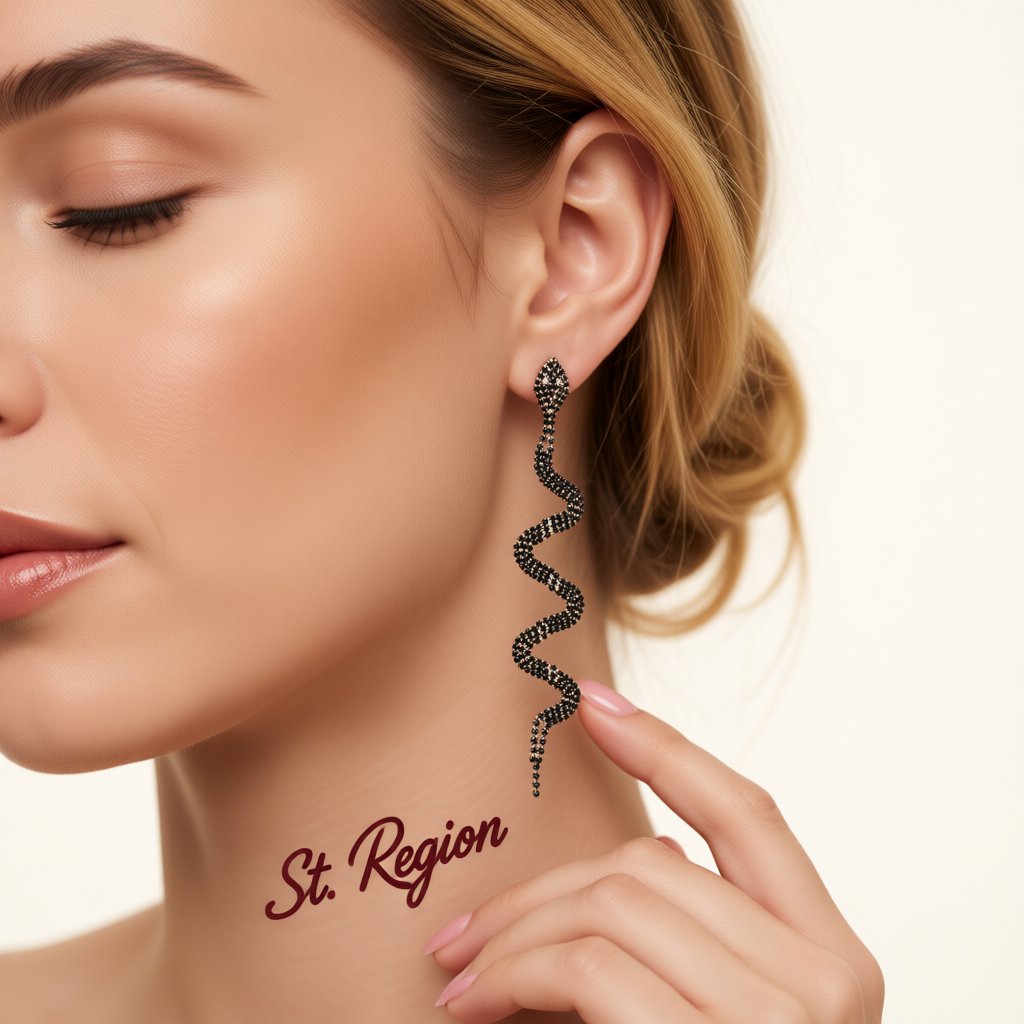 Black Cubic Zirconia and 18K Gold-Plated Snake Drop Earrings, gold drop earrings for women, elegant gift for her, styled look